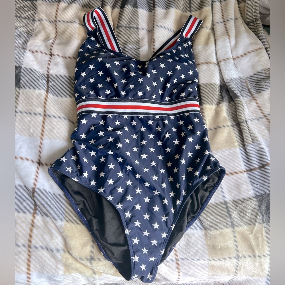 Pink Lily Navy Star One-Piece Swimsuit with Red & White Trim